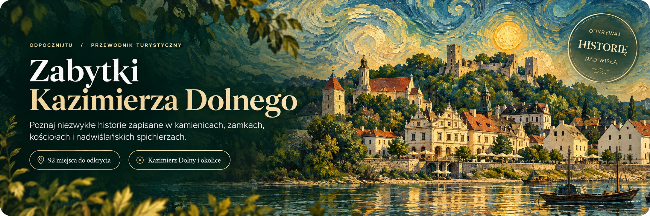 Baner Zabytki Kazimierza Dolnego – artystyczna panorama miasta z zabytkami w stylu inspirowanym renesansem i malarską ekspresją
